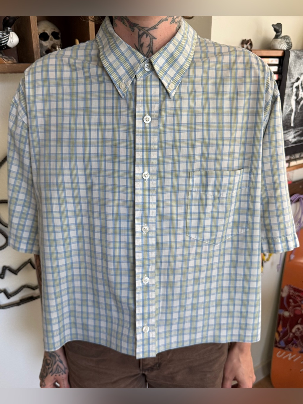 Vintage 2000s Cropped Boxy Plaid S/S Button Down Shirt Dockers ~ Size Xxl